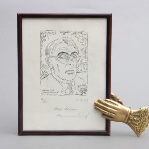 Portrett av Herman Wildenvey. Originaltegning av Gösta Hammarlund, datert 7-4-87. Nr. 20 av 25 eksemplarer. Med hilsen Hammarlund. Innrammet.