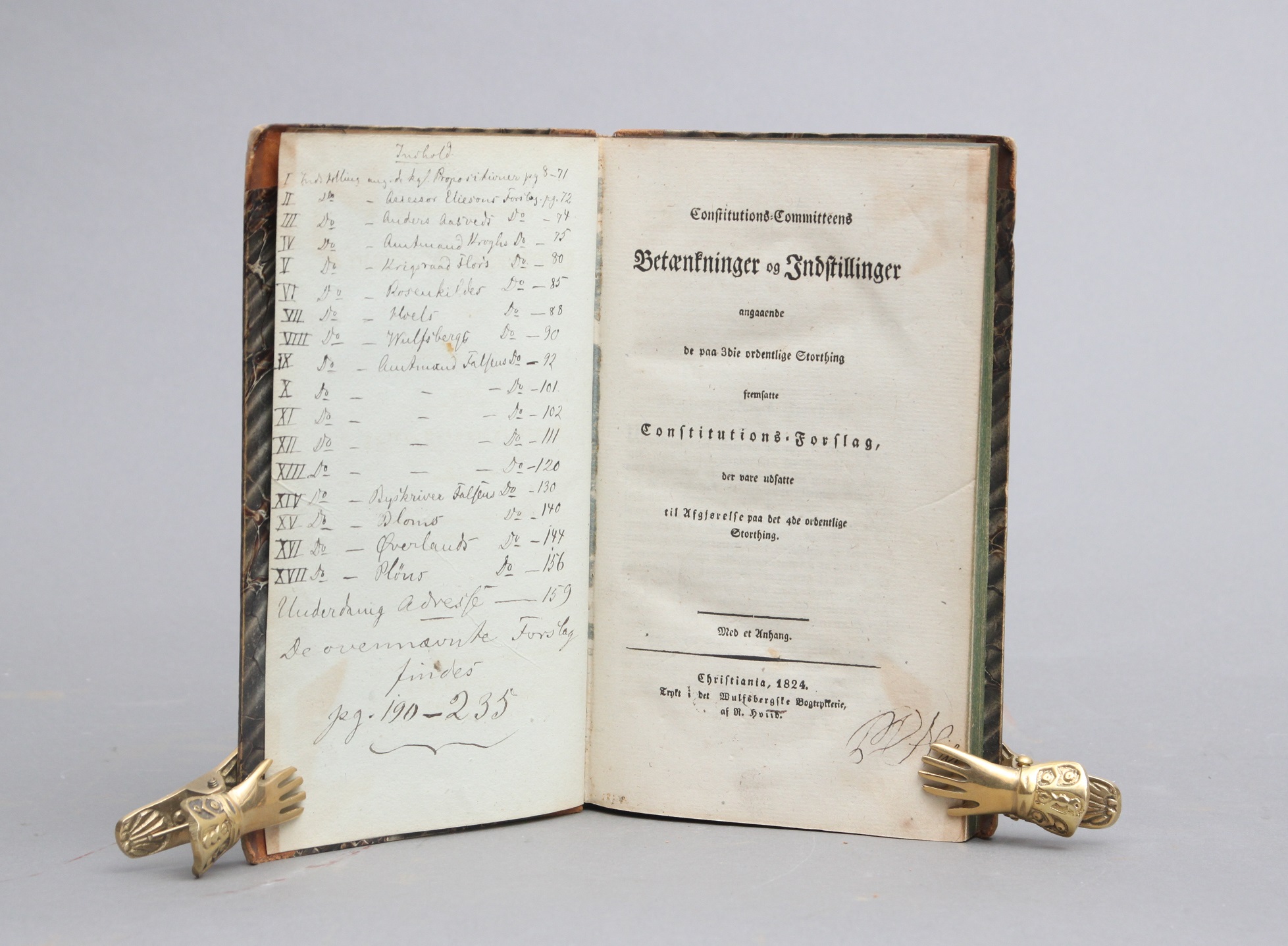 Constitutions-Committeens Betænkninger og Indstillinger angaaende de paa 3die ordentlige Storthing fremsatte Constitutions-Forslag, der vare udsatte til Afgjørelse paa det 4de ordentlige Storthing. Med et Anhang.