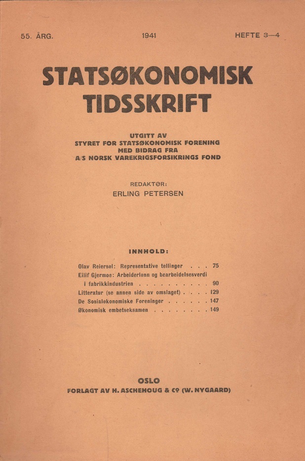 Hefte 3-4. Redaktør: Erling Petersen. 55. årg. Utgitt av styret for Statsøkonomisk Forening, med bidrag fra A/S Norsk Varekrigsforsikrings Fond. Forlagt av H. Aschehoug & Co. (W. Nygaard),