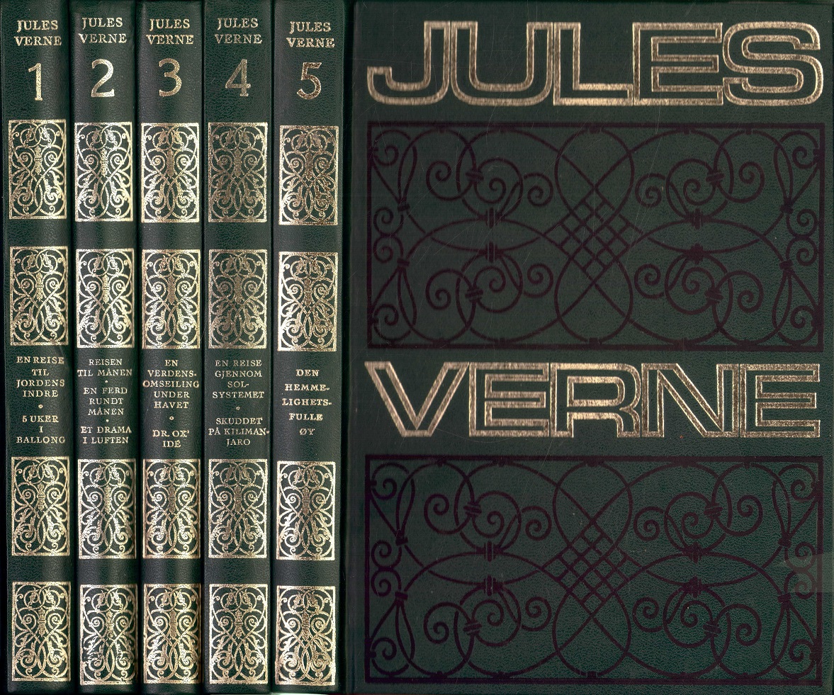 En reise til jordens indre. / 5 uker i ballong. - Reisen til månen. / En ferd rundt månen. / Et drama i luften. - En verdensomseiling under havet. / Dr. Ox's idé. - En reise gjennom solsystemet. / Skuddet på Kilimanjaro. - Den hemmelighetsfulle øy. 5 bind. Den norske Bokklubben,