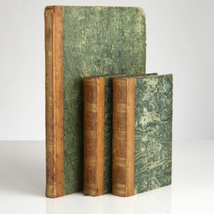Voyage dans la Russie Méridionale, et particulièrement dans les provinces situées au-delà du Caucase, fait depuis 1820 jusqu`en 1824; Volume I-II in 8vo + Atlas in Folio (331 x 252 mm). Paris, C. J. Trouvé, 1826. Text volumes : (4) + IX + 444; (4) + 480 pp. 4 folding maps, one coloured in outline. 1 folding table. Text with occasional spotting. Atlas volume : 60 lithographic and engraved plates, of which 34 hand-coloured, one plate foxed and with tear. Uniformily bound in contemporary half calf. Gilt spines. Upper joints partly cracked. Bookplate (Gösta Nobel). Stamp with barionial crown and monogram G S on first fly-leafs. Complete, with the rare atlas volume.