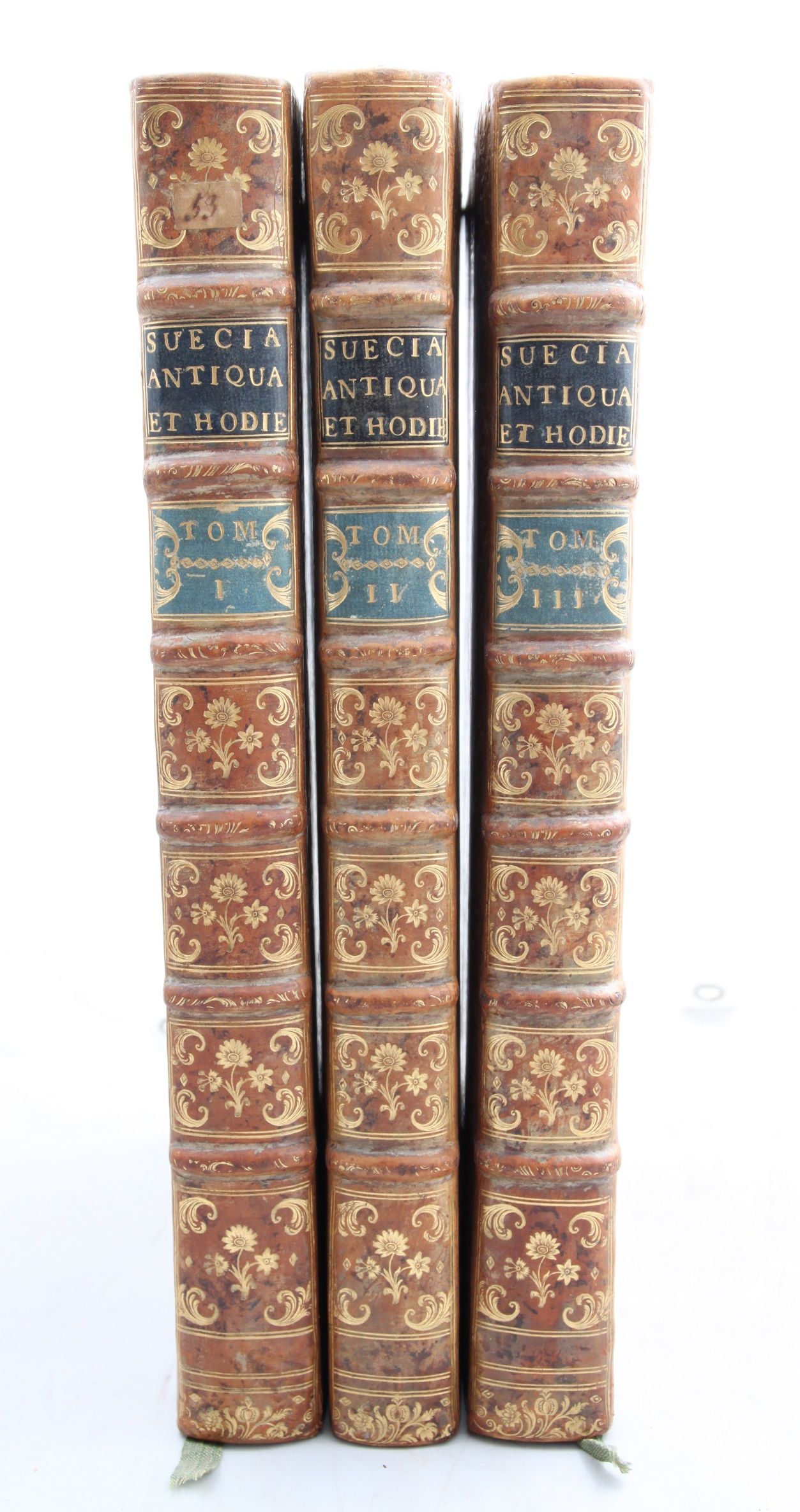 Suecia antiqua et hodierna. I-III. Stockholm og Paris 1661-1715. Folio. 3 kobberstukne tittebl. 351 kobberstukne plansjer, hvorav mange foldede. Nær samt. helskinnbd. med 6 opphøyde bind. Fargede skinn tittelfelter. Rik ryggdekor i gull. Bordyre i gull på for- og bakdekkel. Marmorert snitt.