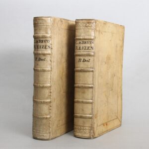 Cornelis de Bruyns Travels. 2 works. Volume 1: Reizen van Cornelis de Bruyn, door de vermaardste deelen van Klein Asia, de eylanden Scio, Rhodus, Cyprus, Metelino, Stanchio, &c. Misgarders de voornaamste Steden van Ægypten, Syrien en Palestina... Delft, Gedrukt by Henrik van krooneveld, 1698. Engraved frontispiece, engraved portrait, title-page (14) + 398 + (8) pp. 1 large folding and engraved map. 210 + 3 unnumbered engraved illustrations on 94 plates and text illustrations. Many of the plates are double-page or folding. Volume 2: Reizen over Moskovie, door Persie en Indie: verrykt met driehondert kunstplaten, vertoonende de beromste lantschappen en steden, ook de byzondere dragten, beesten, gewassen en planten, die daar gevonden worden: voor al derzelver oudheden, en voornamntlyk heel uitvoerig, die van het heerlyke en van ouds de geheele werrelt door befaemde hof van Persepolis, by den Persianen Tchilminar genaemt...