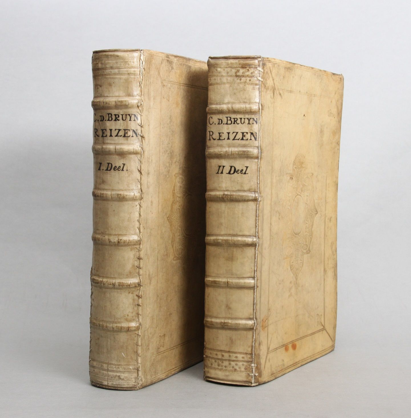 Cornelis de Bruyns Travels. 2 works. Volume 1: Reizen van Cornelis de Bruyn, door de vermaardste deelen van Klein Asia, de eylanden Scio, Rhodus, Cyprus, Metelino, Stanchio, &c. Misgarders de voornaamste Steden van Ægypten, Syrien en Palestina... Delft, Gedrukt by Henrik van krooneveld, 1698. Engraved frontispiece, engraved portrait, title-page (14) + 398 + (8) pp. 1 large folding and engraved map. 210 + 3 unnumbered engraved illustrations on 94 plates and text illustrations. Many of the plates are double-page or folding. Volume 2: Reizen over Moskovie, door Persie en Indie: verrykt met driehondert kunstplaten, vertoonende de beromste lantschappen en steden, ook de byzondere dragten, beesten, gewassen en planten, die daar gevonden worden: voor al derzelver oudheden, en voornamntlyk heel uitvoerig, die van het heerlyke en van ouds de geheele werrelt door befaemde hof van Persepolis, by den Persianen Tchilminar genaemt...